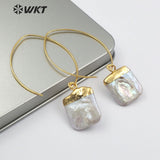 WT-E492 Square Shape Natural Freshwater Pearl Earring Gold Capped Pearl Pendant With Metal Hoop Vintage Pearl