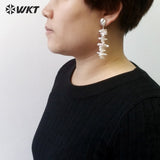 WT-E498 Irregular Shape Pearl Earring Round Stud With Long Pearl Bar