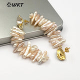 WT-E498 Irregular Shape Pearl Earring Round Stud With Long Pearl Bar