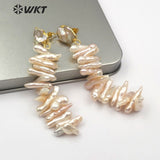 WT-E498 Irregular Shape Pearl Earring Round Stud With Long Pearl Bar