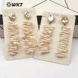 WT-E498 Irregular Shape Pearl Earring Round Stud With Long Pearl Bar