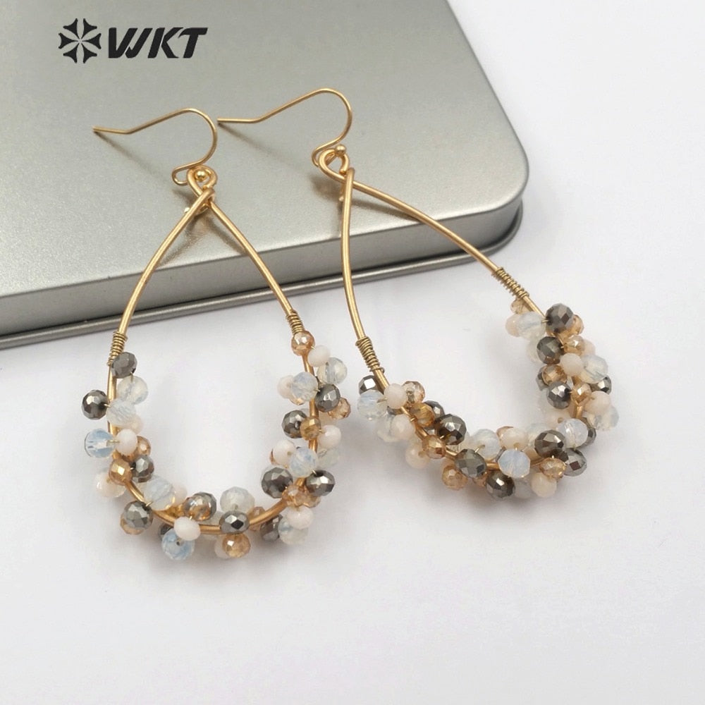 WT-E505 Boho Teardrop Shape Metal Hoop With Multi Colors Beads Charm Faceted Crystal Beads Wedding Earring