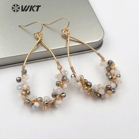 WT-E505 Boho Teardrop Shape Metal Hoop With Multi Colors Beads Charm Faceted Crystal Beads Wedding Earring