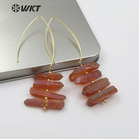 WT-E506 Random Size Titanium Quartz Black Brown Pink Blue Colors Quartz Pendant Inlay Metal Ear Wire Earring