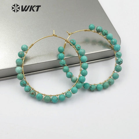 WT-E513 Vintage Design Natural Turquoises Round Gem-stone Beads Charm Earring