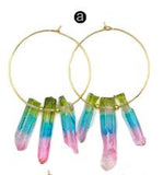 WT-E521 Aura Quartz Dangling Raw Crystal Point Earring Triple Colorful Quartz