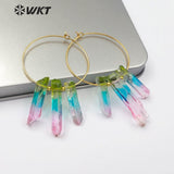 WT-E521 Aura Quartz Dangling Raw Crystal Point Earring Triple Colorful Quartz