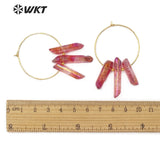 WT-E521 Aura Quartz Dangling Raw Crystal Point Earring Triple Colorful Quartz