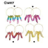 WT-E521 Aura Quartz Dangling Raw Crystal Point Earring Triple Colorful Quartz