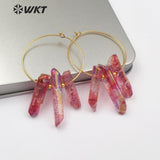 WT-E521 Aura Quartz Dangling Raw Crystal Point Earring Triple Colorful Quartz