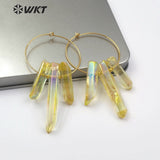 WT-E521 Aura Quartz Dangling Raw Crystal Point Earring Triple Colorful Quartz