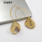 WT-E523 Gold Trim Natural Cone Shape Sea Shell With Full Gold Dipped Earrings