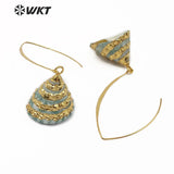 WT-E523 Gold Trim Natural Cone Shape Sea Shell With Full Gold Dipped Earrings