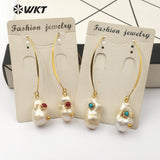 WT-E527 Baroque White Pearl With Double Gem-stones Charm Women Ear Wire Earring