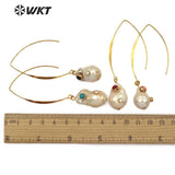 WT-E527 Baroque White Pearl With Double Gem-stones Charm Women Ear Wire Earring