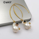 WT-E527 Baroque White Pearl With Double Gem-stones Charm Women Ear Wire Earring