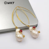 WT-E527 Baroque White Pearl With Double Gem-stones Charm Women Ear Wire Earring