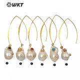 WT-E527 Baroque White Pearl With Double Gem-stones Charm Women Ear Wire Earring