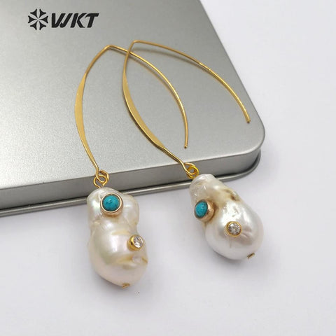 WT-E527 Baroque White Pearl With Double Gem-stones Charm Women Ear Wire Earring