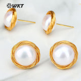 WT-E530 Natural Pearl White Pearl Stud With Wire Warped Earrings