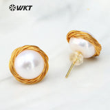 WT-E530 Natural Pearl White Pearl Stud With Wire Warped Earrings