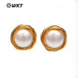 WT-E530 Natural Pearl White Pearl Stud With Wire Warped Earrings