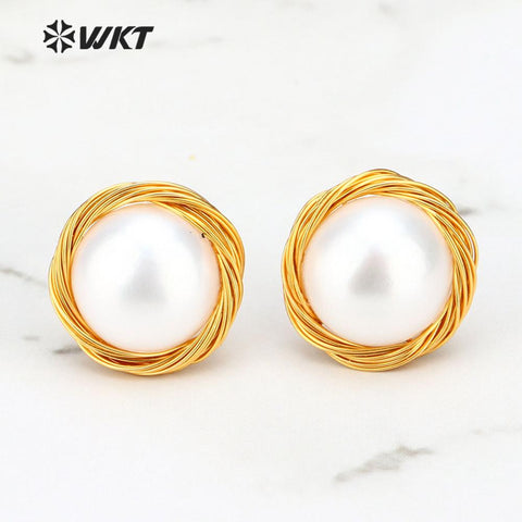 WT-E530 Natural Pearl White Pearl Stud With Wire Warped Earrings