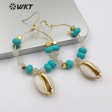 WT-E540 Beads Dangling Cowrie Pendant With Multi Color Beads Charm Earrings
