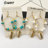 WT-E540 Beads Dangling Cowrie Pendant With Multi Color Beads Charm Earrings