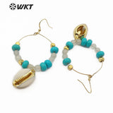 WT-E540 Beads Dangling Cowrie Pendant With Multi Color Beads Charm Earrings