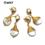 WT-E545 Natural Freshwater Brass Wire Wrapped Pearl Teardrop Shape Earrings