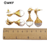 WT-E545 Natural Freshwater Brass Wire Wrapped Pearl Teardrop Shape Earrings