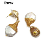 WT-E545 Natural Freshwater Brass Wire Wrapped Pearl Teardrop Shape Earrings