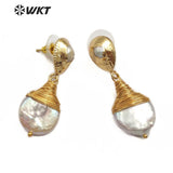 WT-E545 Natural Freshwater Brass Wire Wrapped Pearl Teardrop Shape Earrings