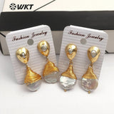 WT-E545 Natural Freshwater Brass Wire Wrapped Pearl Teardrop Shape Earrings