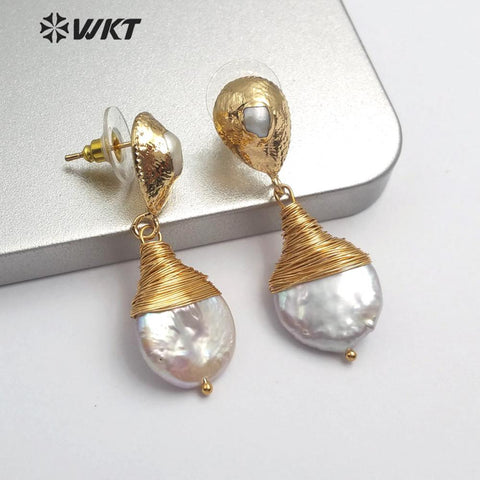 WT-E545 Natural Freshwater Brass Wire Wrapped Pearl Teardrop Shape Earrings