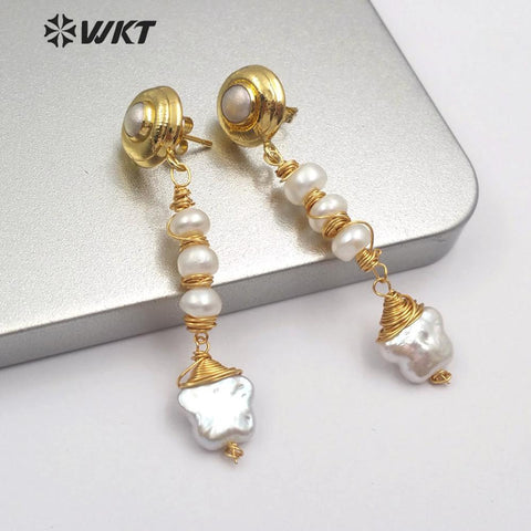 WT-E554 natural freshwater pearl with gold stars shape Earrings