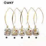 WT-E557 natural pearl with gold quadrilateral crown moon stars patterns cz pave Earrings