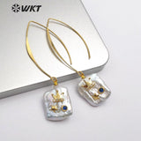 WT-E557 natural pearl with gold quadrilateral crown moon stars patterns cz pave Earrings