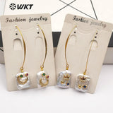 WT-E557 natural pearl with gold quadrilateral crown moon stars patterns cz pave Earrings