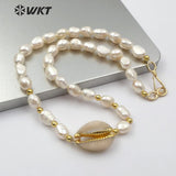 WT-JN089 Natural Cowrie & Pearl Necklace Full Gold or White Gold Cowrie Pendant Necklace