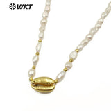 WT-JN089 Natural Cowrie & Pearl Necklace Full Gold or White Gold Cowrie Pendant Necklace