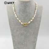 WT-JN089 Natural Cowrie & Pearl Necklace Full Gold or White Gold Cowrie Pendant Necklace