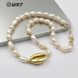 WT-JN089 Natural Cowrie & Pearl Necklace Full Gold or White Gold Cowrie Pendant Necklace