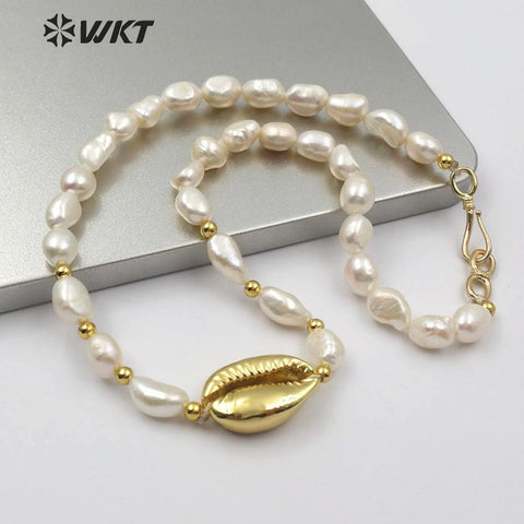 WT-JN089 Natural Cowrie & Pearl Necklace Full Gold or White Gold Cowrie Pendant Necklace