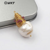 WT-JP132 Baroque Pearl Teardrop Shape With Brass Wire Tiny Gem-stones Charm Necklace Pendant