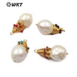 WT-JP132 Baroque Pearl Teardrop Shape With Brass Wire Tiny Gem-stones Charm Necklace Pendant