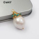 WT-JP132 Baroque Pearl Teardrop Shape With Brass Wire Tiny Gem-stones Charm Necklace Pendant