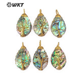 WT-JP147 Abalone Shell Teardrop Paua Shell With Wire Wrapped Tree Of Life Necklace Pendant