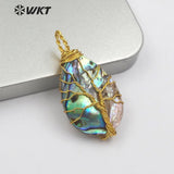 WT-JP147 Abalone Shell Teardrop Paua Shell With Wire Wrapped Tree Of Life Necklace Pendant